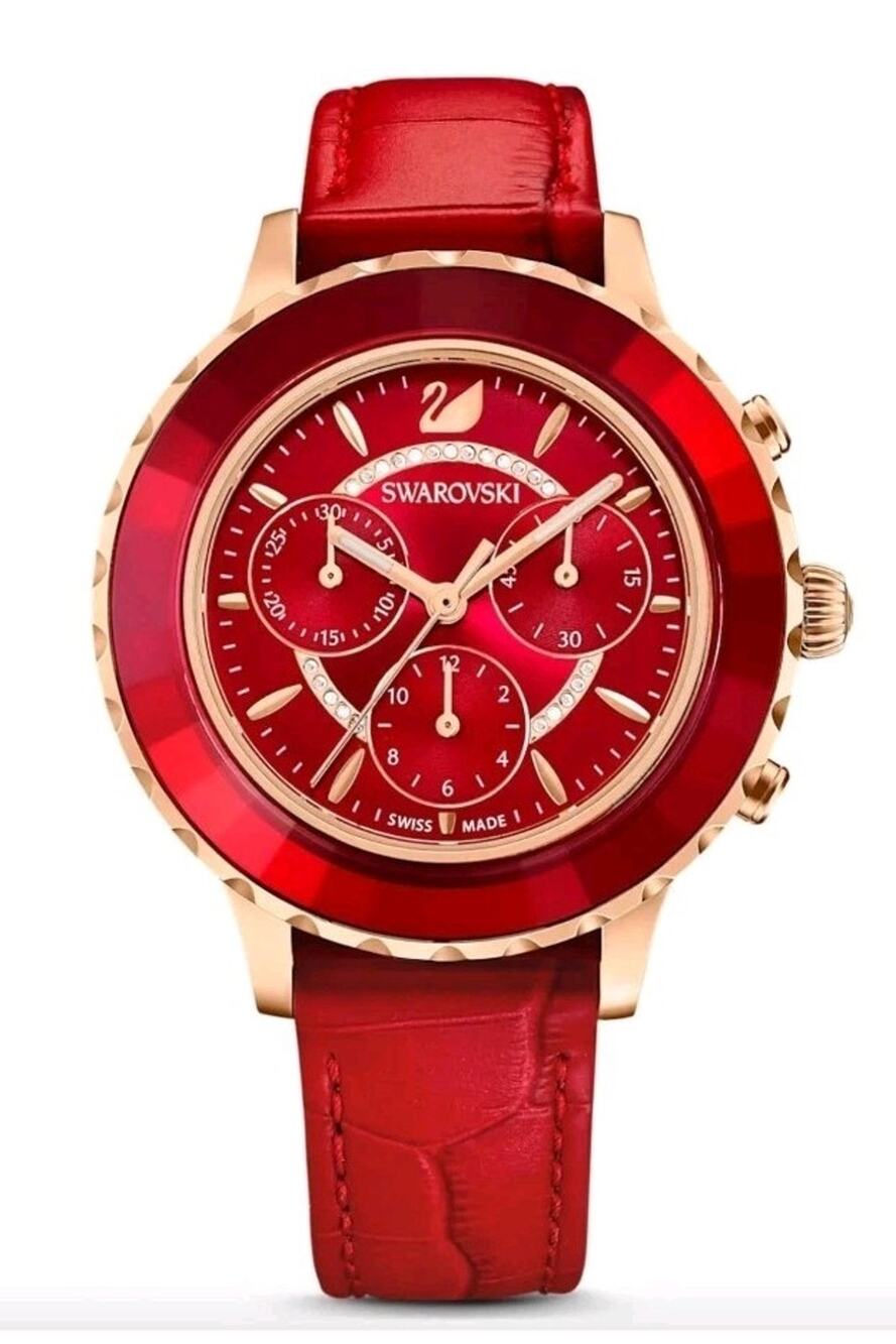 Swarovski Octea Lux Chrono, Red Leather Rose Gold Tone Watch Rare